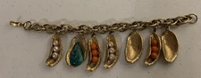 Vintage Pea Pod Charm Bracelet Gold Tone Unique Rare