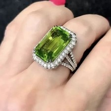 Lab Created Peridot 4Ct Emerald Cut Halo Engagement Ring 14K White Gold Plated
