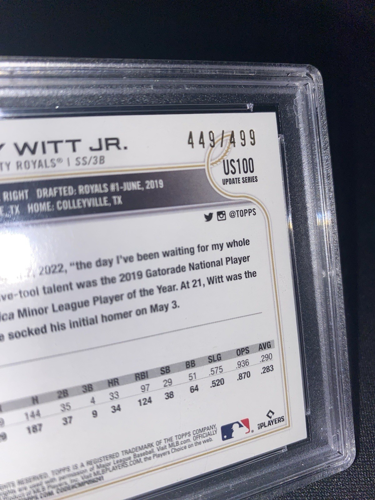 2022 Topps Update Series Bobby Witt Jr. Rookie Green Foil /499 PSA 8 view 2