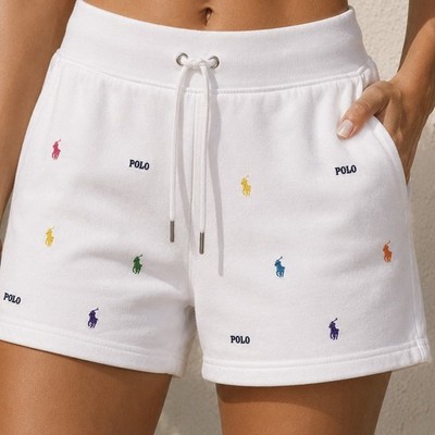 POLO Ralph Lauren Shorts Womens XL Sweat White All Over Logo Drawstring Comfort