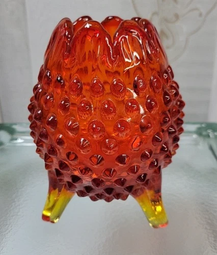 VTG MCM Fenton Amberina Hobnail 3 Footed Rose Bowl Vase GLOWS!