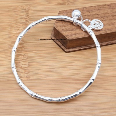 NEU Reines 999 Feinsilber Damen Armreif Bambusform Armreif 58 mm Durchmesser 福 Charm