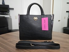 Betsey Johnson Satchel Black Floral Heart Accent Top Handle Detachable Strap