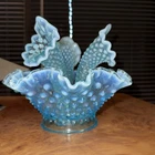 VINTAGE FENTON SEA BLUE HOBNAIL DIAMOND LACE OPALESCENT FLOWER EPERGNE