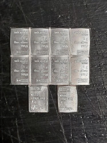 Lot of 10 Valcambi 0.999 Fine Silver 1 Gram Bullion Bars