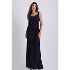 Alex Evenings Navy Blue Rhinestone Trim Ruched Formal Gown Dress 16 Empire Waist