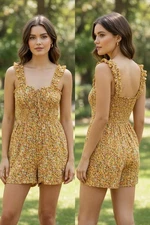 Women's Juniors Ruffle Smocked Bodice Pleated Floral Yellow Romper Sz M