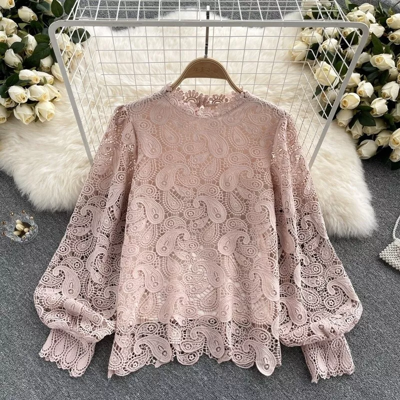 Women Lace Shirts Blouse Tops Hollow Out Puff Sleeve Casual T-shirts Retro  Slim