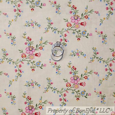 BonEful Fabric FQ Cotton Quilt VTG Cream Pink Flower Shabby Chic Garden Cottage