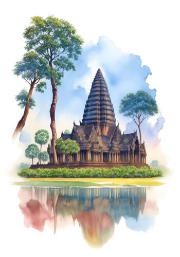 Cambodia Watercolor Painting Country City Art Print - Picture 1 of 1
