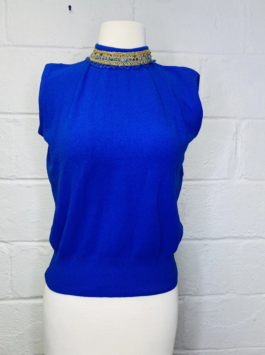 Vintage 60s Evvy Green Helanca Blue Sleeveless Mock Neck Beaded