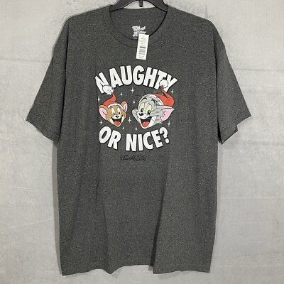 Tom & Jerry T-Shirt Men s 2XLT Gray Naughty or Nice Cat Mouse Christmas NWT