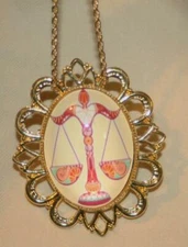 Festooned Goldtone Libra Zodiac Scales of Justice Lawyer Necklace Brooch Pin