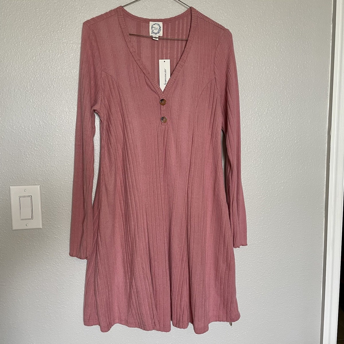 Shift Dress Pink Knee Length Long Sleeve Buttons V-Neck Women's Size Small  NWT | eBay