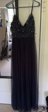 Jump Apparel Navy Beaded Sequin Tulle Maxi Dress V-Neck Spaghetti Strap 5/6