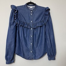 VERONICA BEARD Ruffle Chambray Blouse Size 6 Perl Snap Long Sleeves