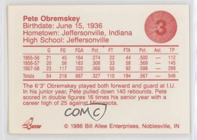 1986 Bank One Indiana Hoosiers Greats I Pete Obremskey #3 - Image 2 of 2