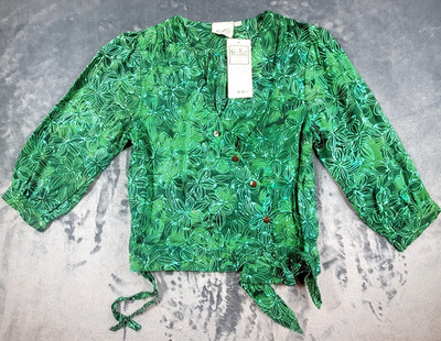 Go Fish Wrap Top W/ Button Green Floral Rayon Resort Beach Hawaiian Sz XS