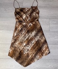 GUESS XS Snake Print Satin Slip Dress Brown Beige Midi Zip