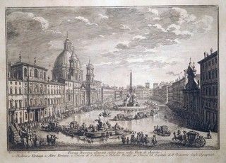 Etching Piazza Navona in Rome Giuseppe Vasi 1752 Carriage Corso Ferragosto