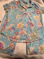 Lauren Ralph Lauren Blue Cotton Floral Button-Down Pajama Set Crop Pants