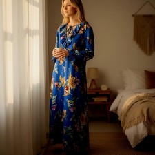 JcPenney Vintage 1970's Loungewear House Dress Womens Large Blue Floral Ruffles