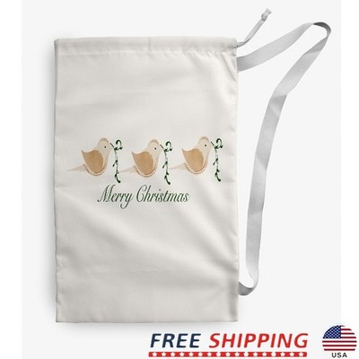 Merry Christmas Birds Laundry Bag Drawstring Holiday Gift Storage Bag Polyester