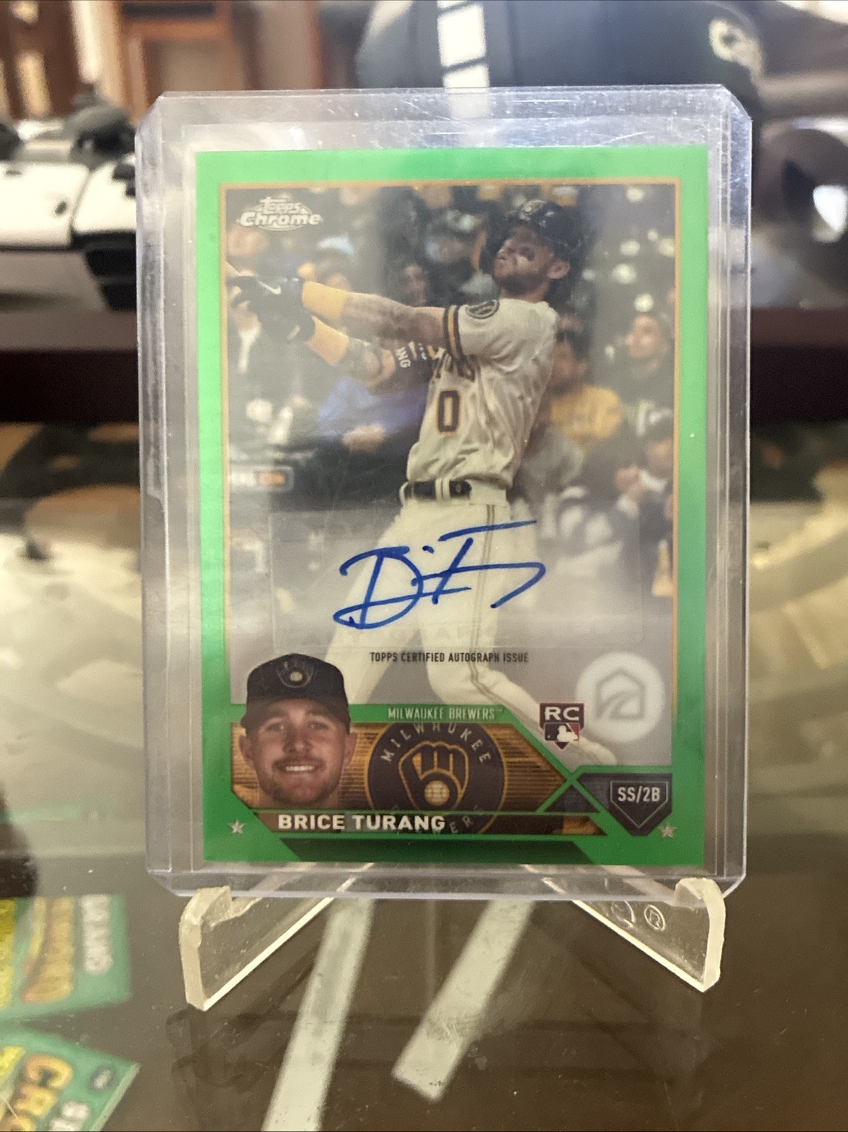 2023 Topps Chrome Rookie Autographs Brice Turang #RA-BT Green Refractor /99 (RC)