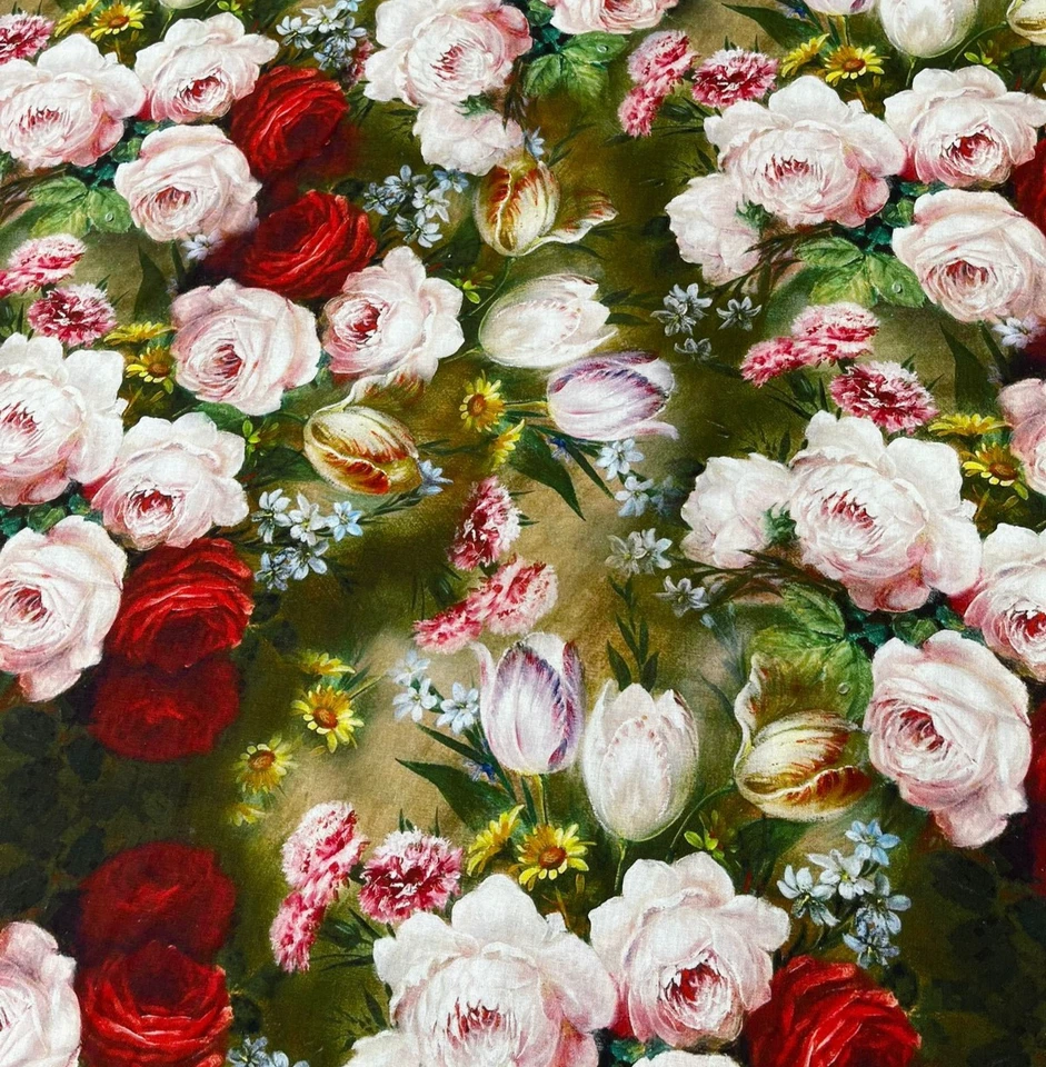 Patchworkstoff Meterware Stoff Baumwollstoff Blumen Bunte Rosen Malerei Vintage - Bild 4 von 4