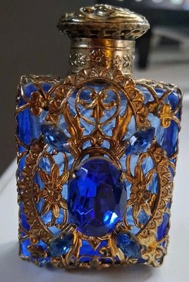 Perfume Bottle Blue Cobalt Covered In A Filigree Metal And Blue Rhinestones ...