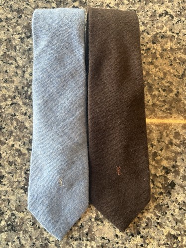Yves Saint Laurent YSL Lot Of 2 Ties Heather Mist Wool Blend Blue & Brown USA