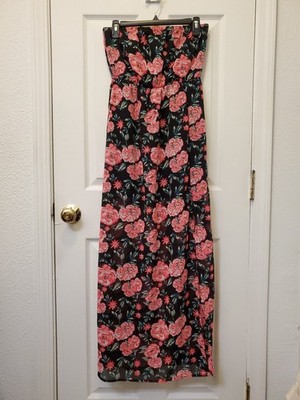 Divided by H&M Black Pink Floral Chiffon Strapless Maxi Dress Size US 6