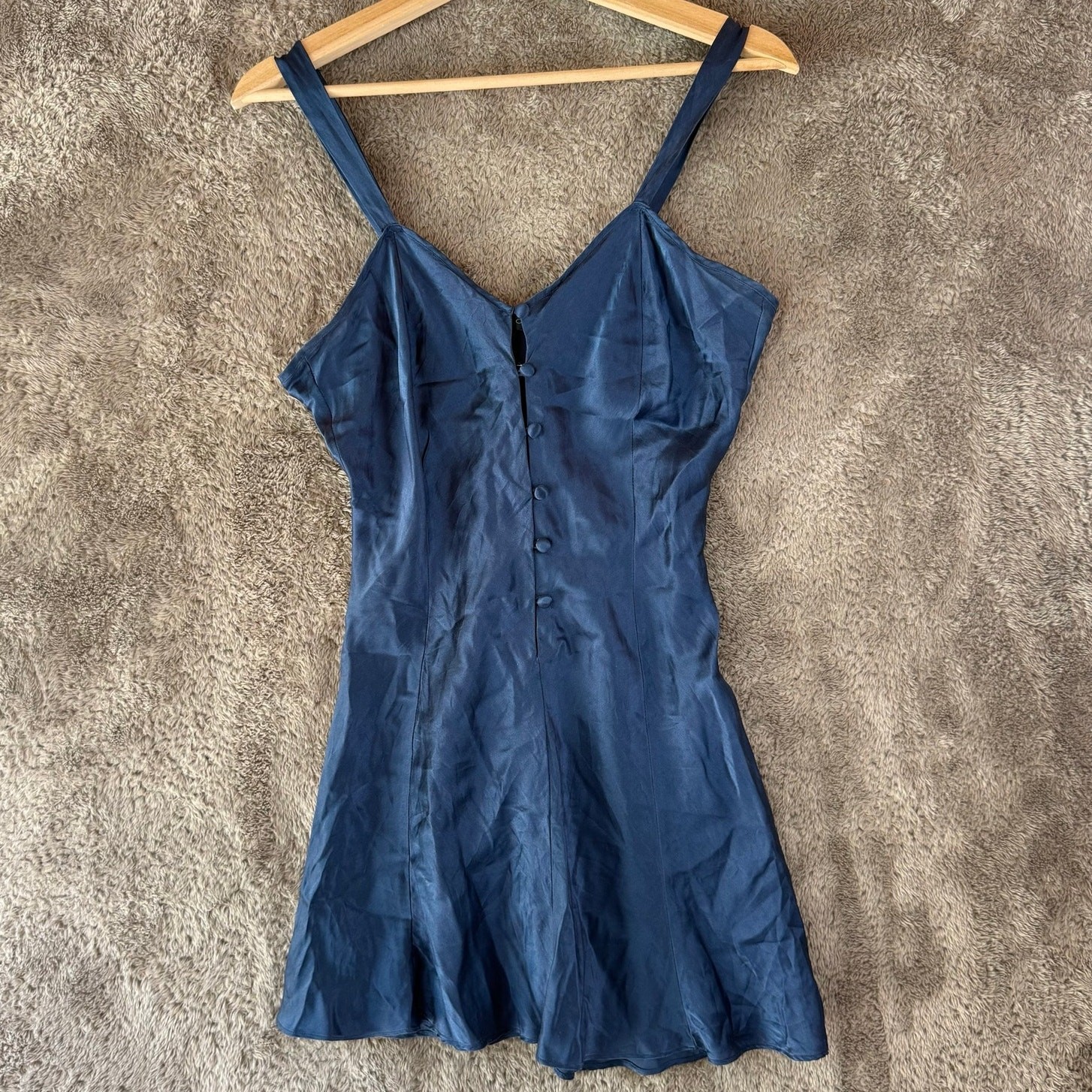 Vintage 90s Blue Silk Mini Slip Dress In Stock S Small Fabric Buttons Y2K
