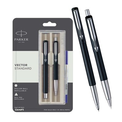 Parker Vector Standard Chrome Trim Roller Ball Pen + Ball Pen| Black Body Color