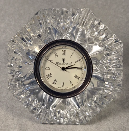 Vintage Waterford Crystal Lismore Diamond Paperweight Desk Clock w/Box - Works