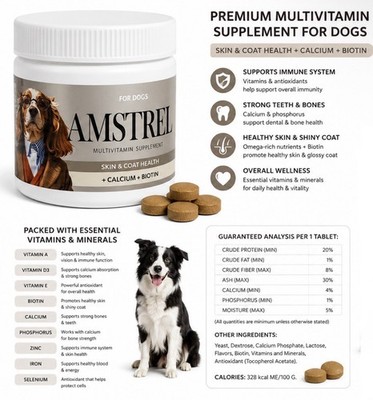 AMSTREL Dog Multivitamin Chewable Tablets Skin & Coat, Calcium + Biotin, 600