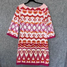 Eliza J Dress Womens 8 Pink Orange Geometric Shift 3/4 Sleeve Lined Back Zip