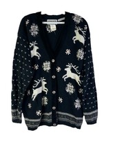 Vintage 90s Womens Large Cardigan Sweater Hand Knit Deer Moose Christmas