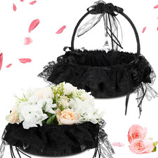 2 Pcs 9 Inch Wedding Flower Girl Baskets with Foldable Handle, Satin Lace Bowkno