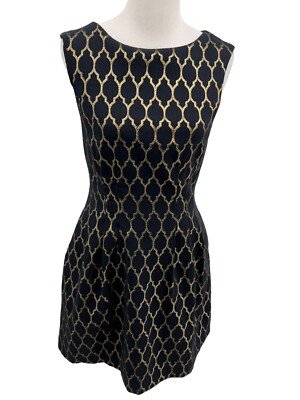 Vince Camuto Jacquard Fit & Flare Black & Gold V-Neck Dress Womens Size 8 |  eBay