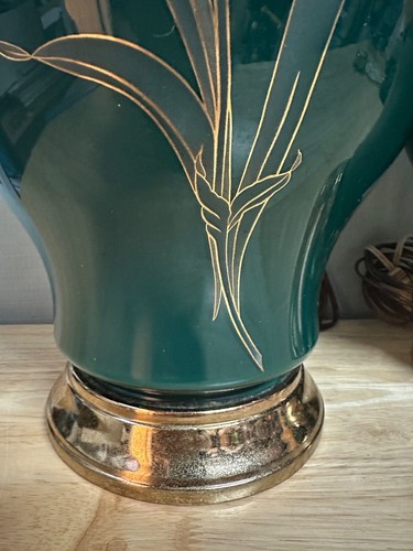 Pair Vintage Green Floral Iris Table Lamp Brass Hollywood Regency Ginger Jar - Picture 4 of 10