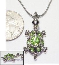 Adorable Peridot Green Rhinestone Turtle Pendant Necklace ST 16.5"
