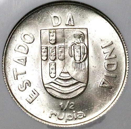 1936 NGC MS 65 India 1/2 Rupia Goa Portugal Colony Gem Silver Coin (25042503C)