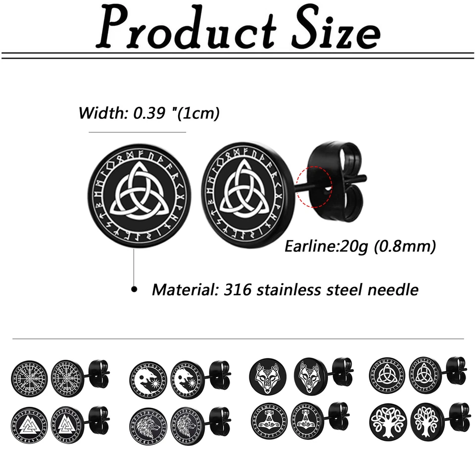 8 pares de aretes de oreja negros de acero inoxidable con runas de lobo vikingo para hombre mujer Foto 4 de 4