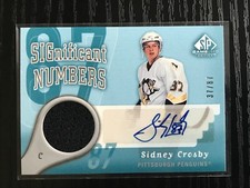 2005/06 UD SP GAME USED SIGNIFICANT NUMBER SIDNEY CROSBY ROOKIE AUTO JERSEY /87