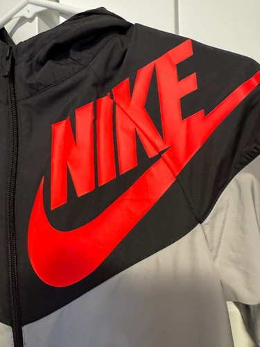 Nike Windbreaker Rain Coat Boys Large Youth Gray Nike Swoosh Infrared Orange - Picture 3 of 6