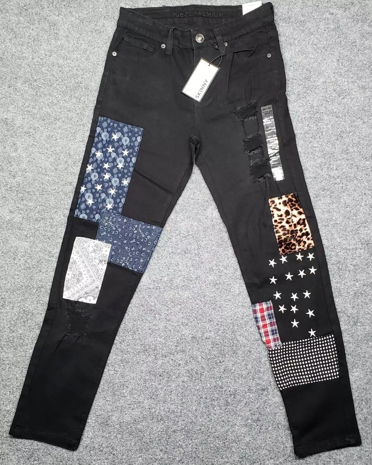 Jean Rue21 homme 30X30 noir denim suprême flex skinny patchwork vieilli neuf