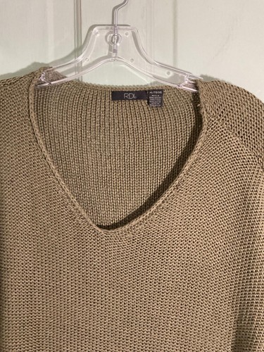RDI Cozy Olive V Neck Green Loose Knit Sweater with Elbow Patches XL - Picture 2 of 10