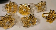 lot Of 6 New  Poinsettia Napkin Rings Gold Tone w/ Rhinestone Center