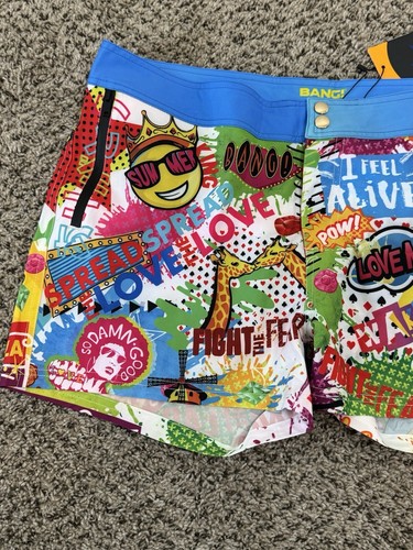Bang! Beach Shorts Mens XXL Pop Love Colorful Swim Trunks Loud Goudy Bright - Picture 2 of 8